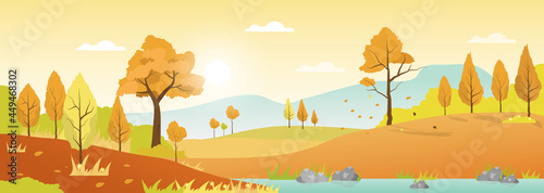 Countryside landscape panoramic in autumn season  Autumn landscape vector illustration for banners background with mountains  hills  village houses and maple trees fallen with yellow foliage.