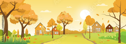 Countryside landscape panoramic in autumn season, Autumn landscape vector illustration for banners background with mountains, hills, village houses and maple trees fallen with yellow foliage.