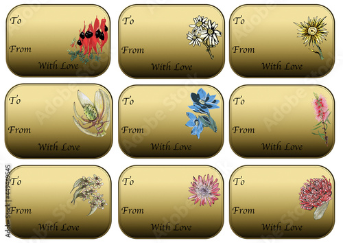 Christmas gift tags page with Australian flowers on a gold background. photo
