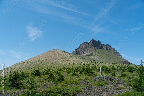 北海道森町、鹿部町、七飯町の北海道駒ヶ岳を登山する風景 Scenery of climbing Mt. Hokkaido-Komagatake in Morimachi, Shikabe-cho, and Nanae-cho, Hokkaido. photo