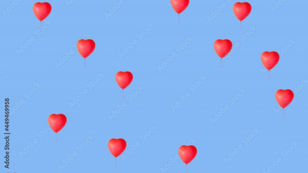 Digital animation of multiple red heart shaped balloons floating against blue background