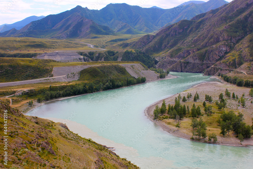 confluence of two rivers katuni and chuya in gorny altai
