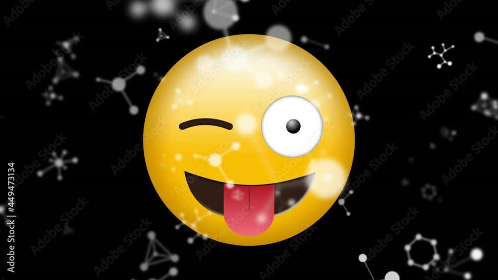 Digital animation of molecular structures floating over silly face emoji against black background Digital animation of molecular structures floating over silly face emoji against black background