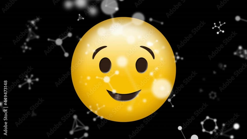 Digital animation of molecular structures floating over winking face emoji against black background Digital animation of molecular structures floating over winking face emoji against black background