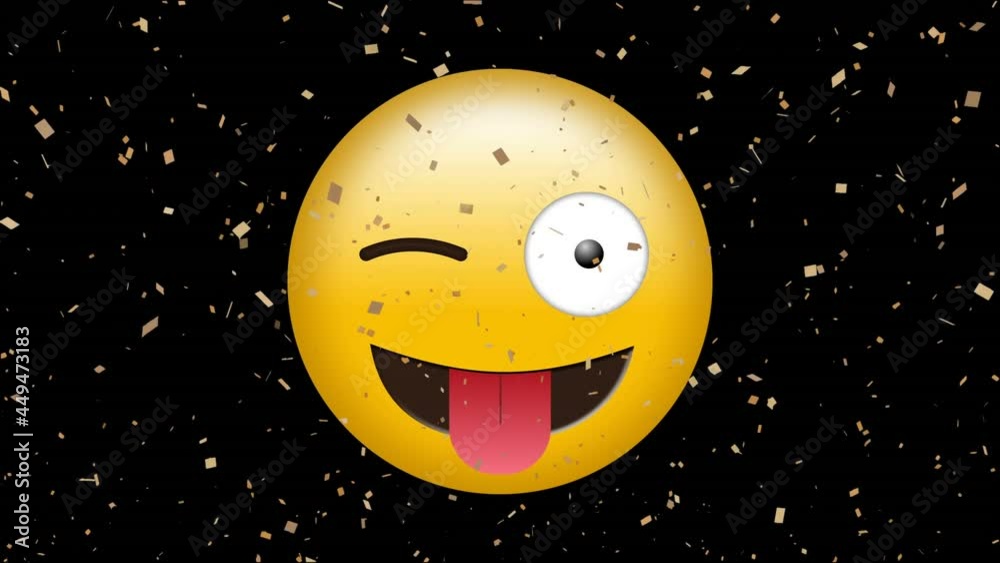 Digital animation of golden confetti falling over silly face emoji against black background Digital animation of golden confetti falling over silly face emoji against black background