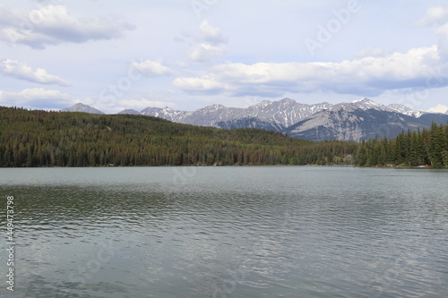 Amazing Pyramid Lake in Jasper National Park in British Columbia, Canada. Wonderful Landscape and epic nature in the middle of a beautiful country. In the heart of the Rocky Mountains.