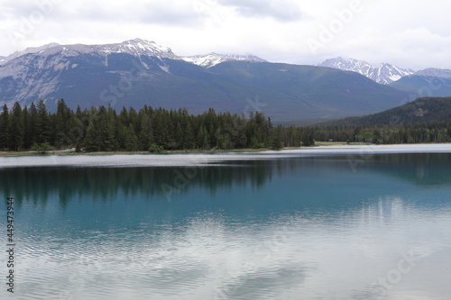 Amazing lake Annette and lake Edith in the beautiful nature in the middle of Canada. Epic roadtrip through the Banff and Jasper Park in British Columbia. Just wonderful weather, blue sky. photo