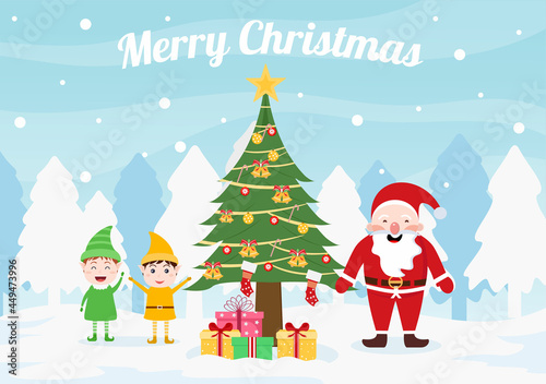 Merry Christmas, Cute Cartoon Santa Claus Background vector illustration and Friends With Snow Man, Some Gifts. For Landing Page In Flat Style Design © denayune