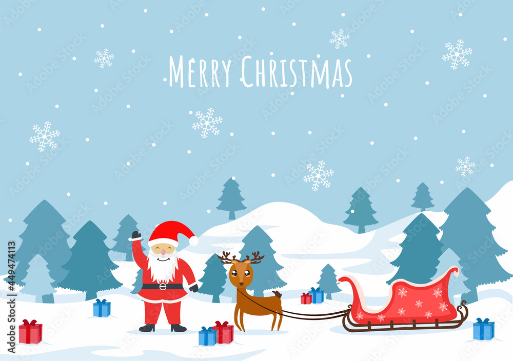 Merry Christmas, Cute Cartoon Santa Claus Background vector illustration and Friends With Snow Man, Some Gifts. For Landing Page In Flat Style Design Merry Christmas, Cute Cartoon Santa Claus Background vector illustration and Friends With Snow Man, Some Gifts. For Landing Page In Flat Style Design