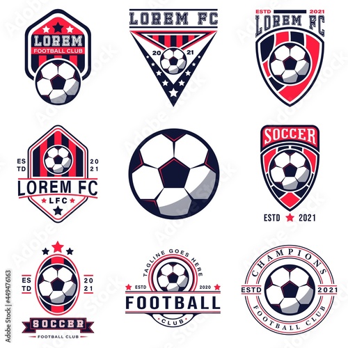 Set of Soccer Football Badge Logo Design Templates. Sport Team Identity Vector Illustrations isolated on white background. Collection of Soccer Themed T-shirt Graphics