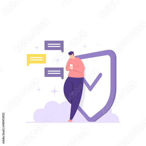 a concept of security and privacy, safe chat, protection from spy, user protection. illustration of a man leaning on a shield and using a smartphone to chat with other people. flat cartoon style