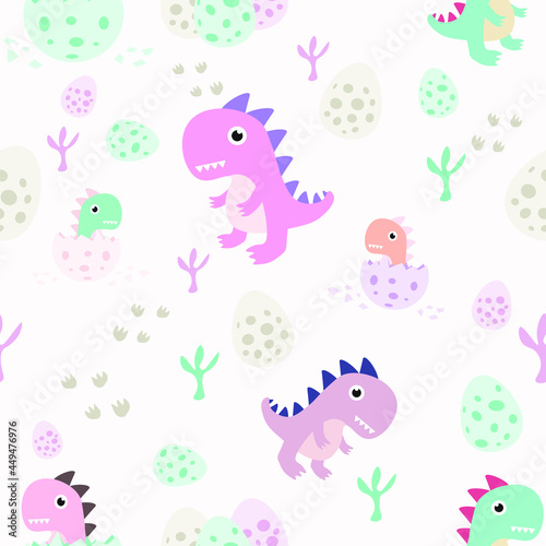 Cute childish seamless pattern with dinosaurs, egg and footprint in the jungle. Vector hand drawn illustration.