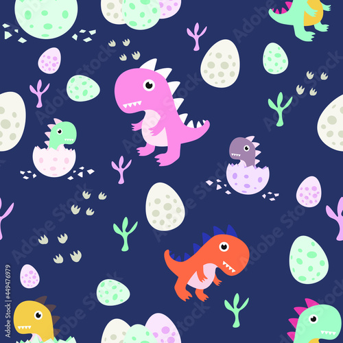 Cute childish seamless pattern with dinosaurs  egg and footprint in the jungle. Vector hand drawn illustration.