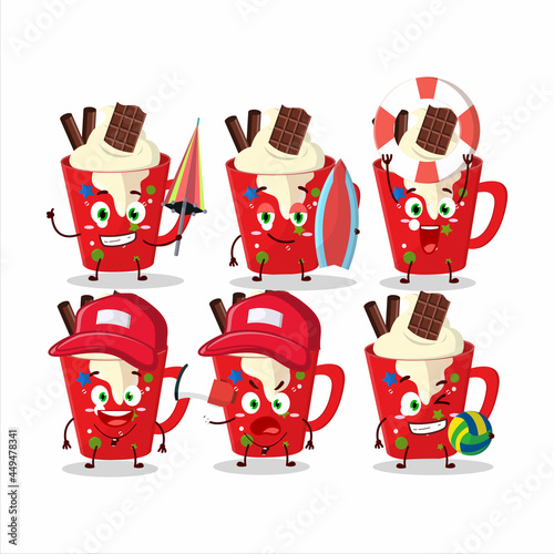 Happy Face frappe coffee cartoon character playing on a beach