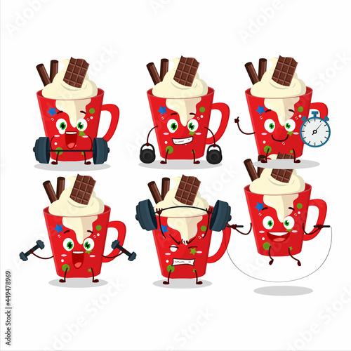 A healthy frappe coffee cartoon style trying some tools on Fitness center