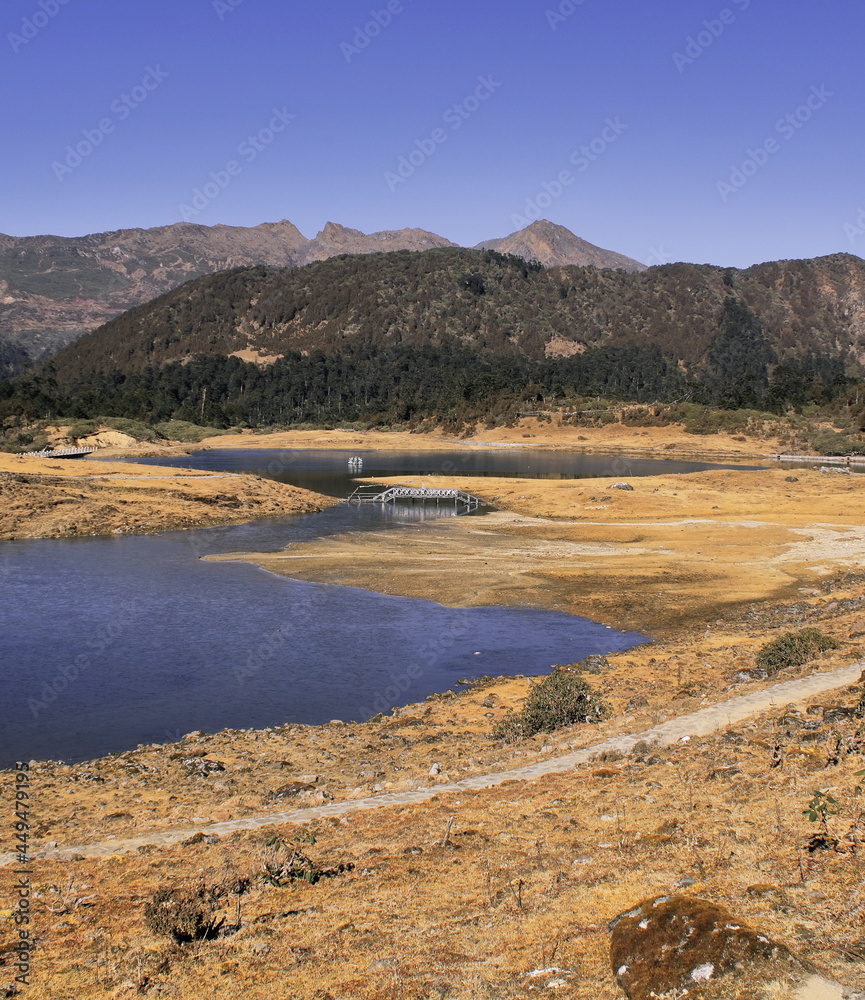 scenic view of beautiful PT tso lake and alpine meadow in tawang district of arunachal pradesh, india