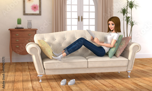 3D illustration character - A young woman is sitting on a couch, working on a tablet.
