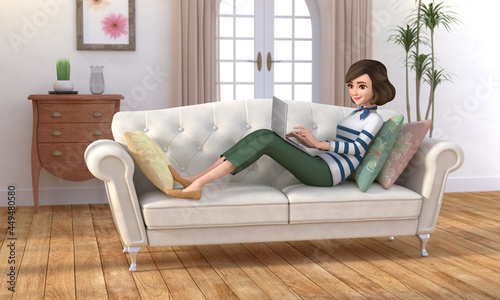 3D illustration character - A young woman is sitting on a couch, using a laptop. © KEN Illust.Shop