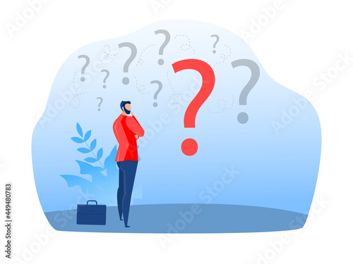 Businessman standing and choosing work strategy for success. Questions dilemma and options confusion concept vector illustrator