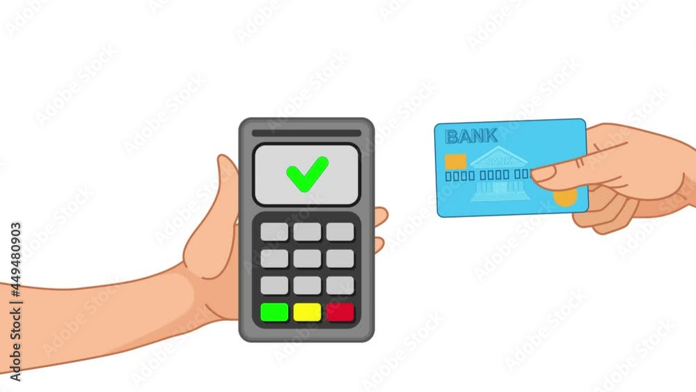 Customer use the Pos terminal and credit card. The hand pushes the credit card towards the bank card reader. Payment by credit card and Transaction approval process. Cartoon Customer use the Pos terminal and credit card. The hand pushes the credit card towards the bank card reader. Payment by credit card and Transaction approval process. Cartoon