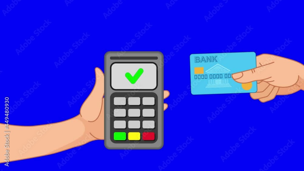 Useing the Pos terminal and credit card. The hand pushes the credit card towards the bank card reader. Payment by credit card and Transaction approval process. Isolated on blue chroma key Useing the Pos terminal and credit card. The hand pushes the credit card towards the bank card reader. Payment by credit card and Transaction approval process. Isolated on blue chroma key