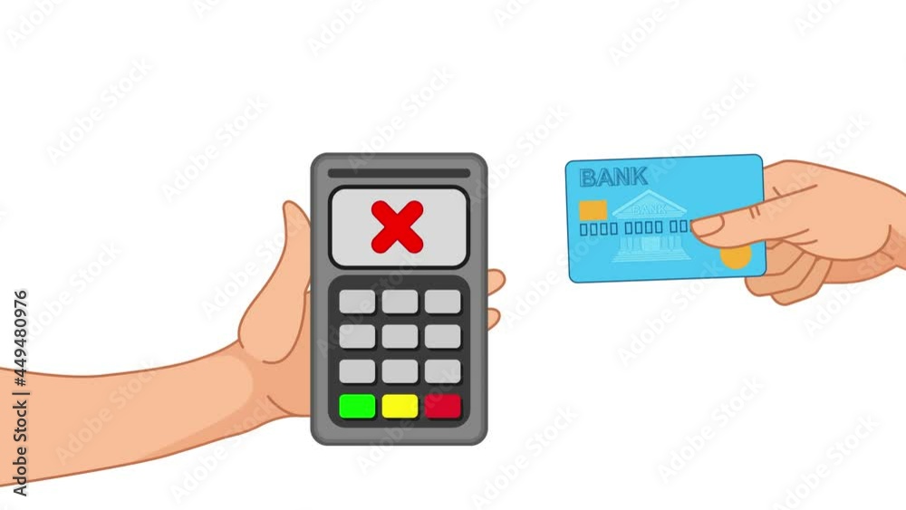 Customer use the Pos terminal and credit card. The hand pushes the credit card towards the bank card reader. Payment by credit card and Transaction declined process. Cartoon Customer use the Pos terminal and credit card. The hand pushes the credit card towards the bank card reader. Payment by credit card and Transaction declined process. Cartoon