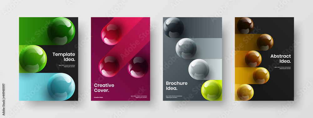 Geometric corporate identity A4 design vector layout collection. Premium 3D balls magazine cover concept set.