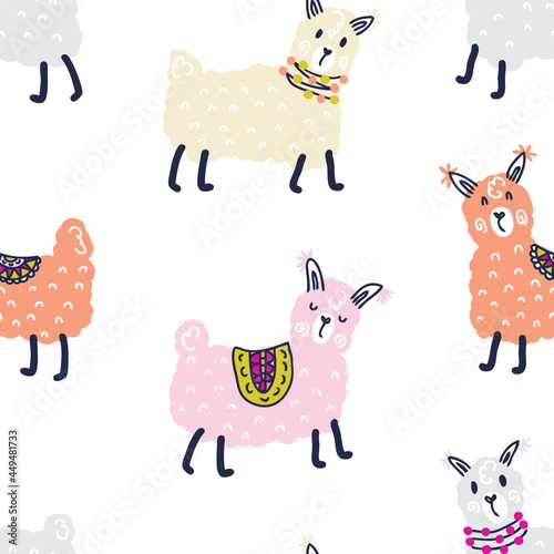 Seamless vector pattern of multicolor pastel colored lamas. Perfect for scrapbooking, poster, textile and prints. Hand drawn illustration for decor and design.
