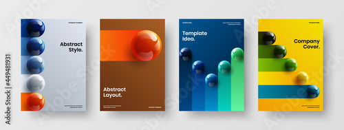 Isolated realistic spheres postcard concept bundle. Minimalistic magazine cover A4 vector design template set.