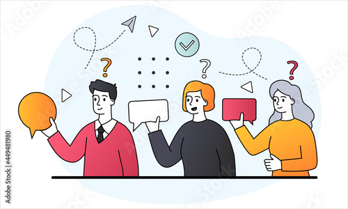People ask question concept. Characters with question marks over their heads. Empty signs in form of bubbles. Frequently Asked Questions. Cartoon doodle flat vector illustration on white background