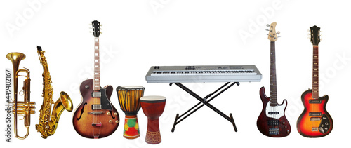 Set of musical instruments for a pop ensemble. Isolated on white. 