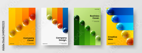 Geometric catalog cover A4 design vector layout set. Multicolored realistic balls presentation concept composition.