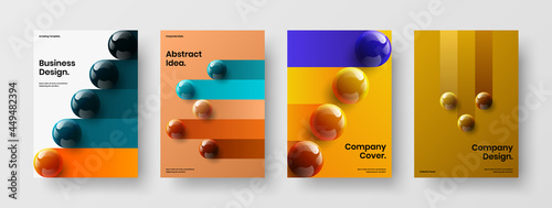 Bright realistic spheres presentation template composition. Vivid corporate identity A4 design vector concept set.