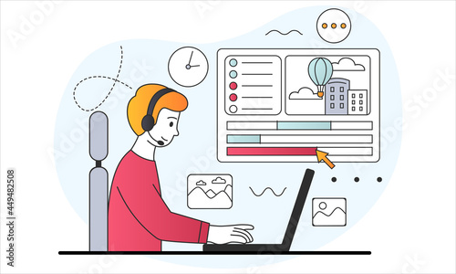 Creating animations concept. Male motion designer working on computer. Freelancer graphic creator at workplace. Program for installation. Cartoon doodle flat vector illustration on white background