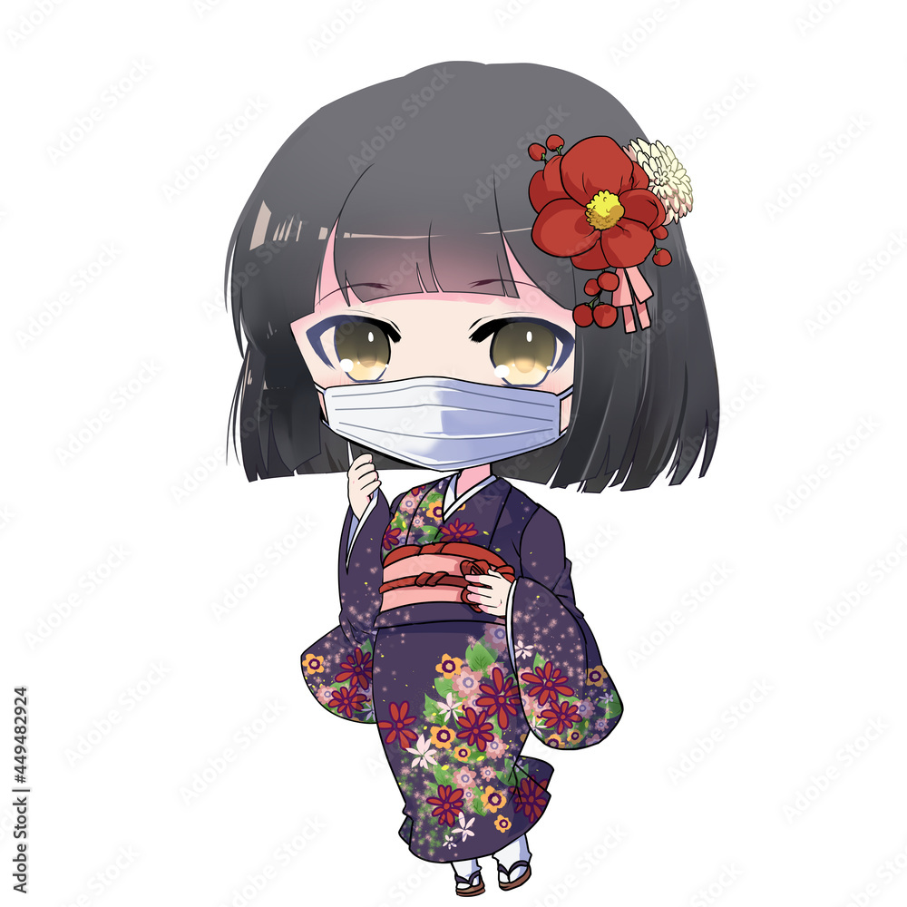 イラスト素材 マスクをつけた晴れ着姿の女の子 Stock Illustration Adobe Stock