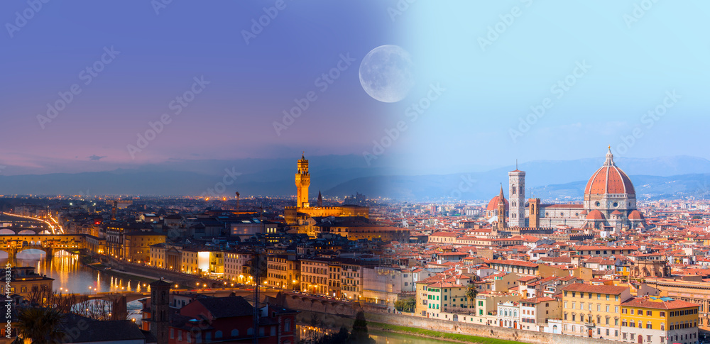  Day and dusk concept - Florence Duomo. Basilica di Santa Maria del Fiore (Basilica of Saint Mary of the Flower) in Florence, Italy