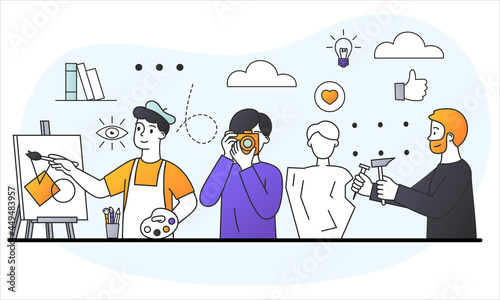 People and hobby concept. Different characters doing what they love. Creative profession. Positive emotion and relaxation from work. Cartoon flat vector illustration isolated on white background