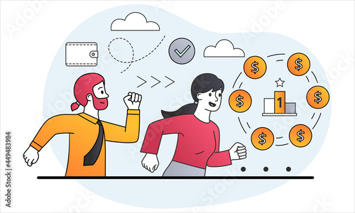 People chasing for money concept. Competitors striving for richness and wealth. Businessmen compete for first place in market. Cartoon doodle flat vector illustration isolated on a white background