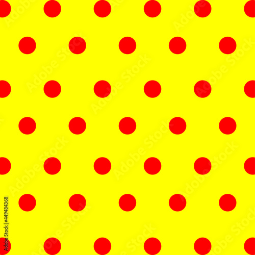 seamless pattern red polka dot circle on yellow background. Modern style dot texture. Trendy print. Swatches. For printing, wrapping paper, wallpaper, textile, fabric