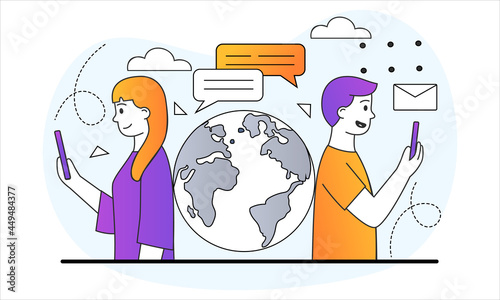 Wallpaper Mural Communication through social networks concept. Man and woman on different sides of planet having dialogue in application. Send message. Coronavirus pandemic. Cartoon doodle flat vector illustration Torontodigital.ca