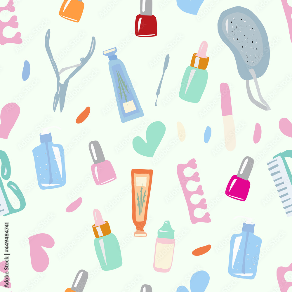 Seamless pattern manicure tools-nail polish, nail file, tweezers, spatula, foot file, cuticle oil. For wallpaper, packaging, textiles, fabric, website. Seamless pattern manicure tools-nail polish, nail file, tweezers, spatula, foot file, cuticle oil. For wallpaper, packaging, textiles, fabric, website.