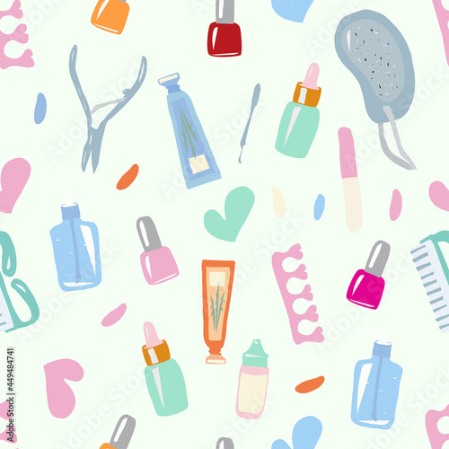 Seamless pattern manicure tools-nail polish, nail file, tweezers, spatula, foot file, cuticle oil. For wallpaper, packaging, textiles, fabric, website.