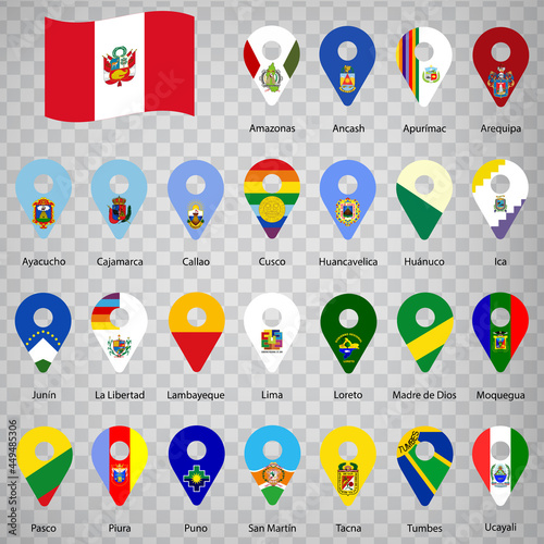 Twenty five flags the Provinces of Peru  -  alphabetical order with name.  Set of 2d geolocation signs like flags Departments of Peru.  Twenty five one 2d geolocation signs for your design. EPS10 photo