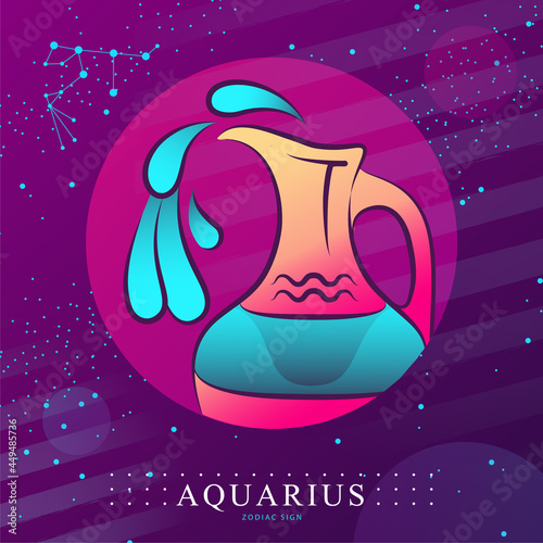 Modern magic witchcraft card with astrology Aquarius zodiac sign. Water jug logo design
