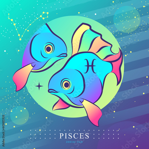 Modern magic witchcraft card with astrology Pisces zodiac sign. Koi fish logo design