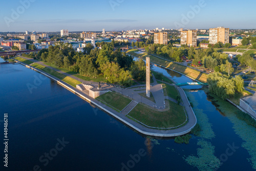 Arrow of the Oka and Orlik rivers in the cityscape on a July morning (aerial photography). Orel, Russia photo