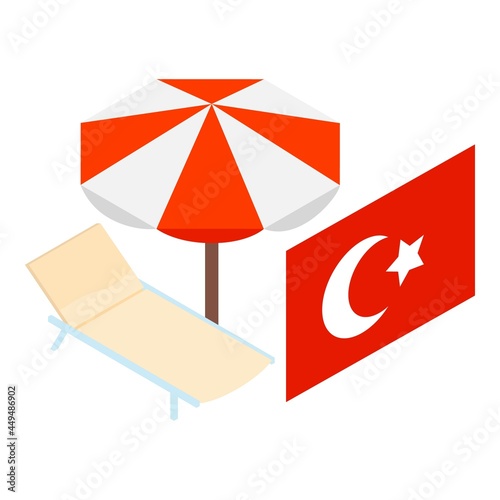 Turkey vacation icon isometric vector. Turkish flag, beach umbrella and chaise longue. Tourist country, recreation concept