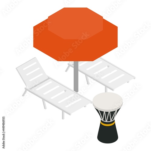 Beach vacation icon isometric vector. Beach umbrella, chaise longue and darbuka drum. Tourist country, recreation concept