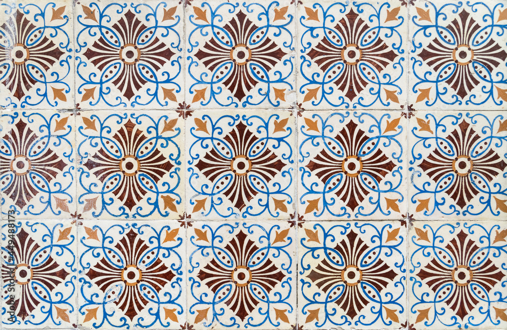 Traditional portuguese tiles azulejo with simple symmetrical  ornament.