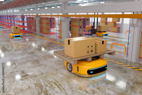 automated guided vehicle working in warehouse, transfering robot system with logistic business concept, 3d illustration rendering
